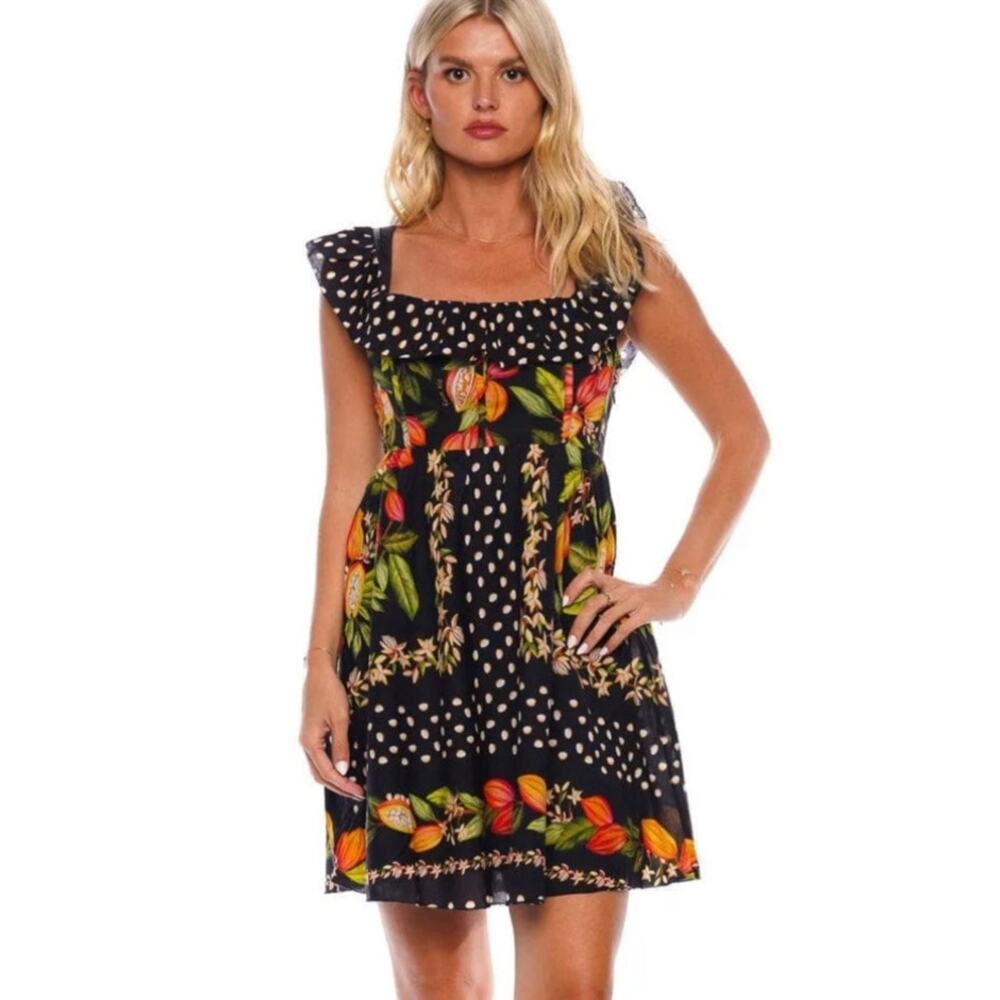 Farm Rio Cocoa Paradise Dark Botanical Print Mini Dress S